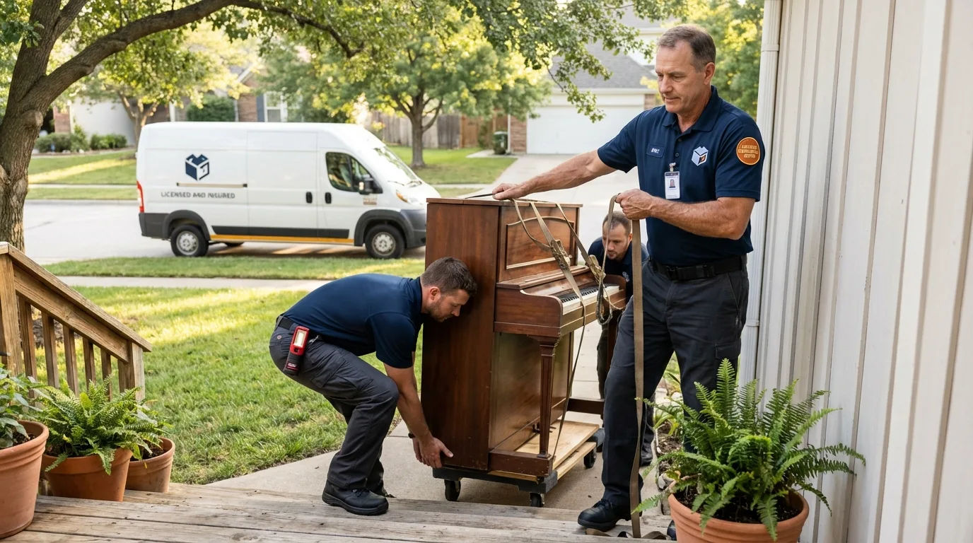 Licensed piano movers securing grand piano in Kent, OH
