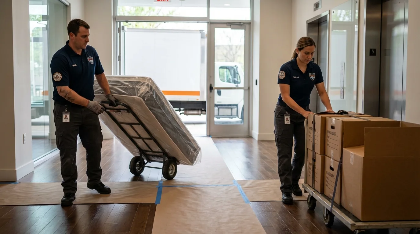 Professional apartment movers loading elevator in Kent, OH